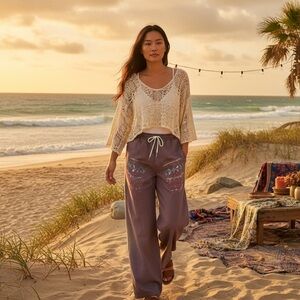 Maroon Embroidered Boho Lounge Pants